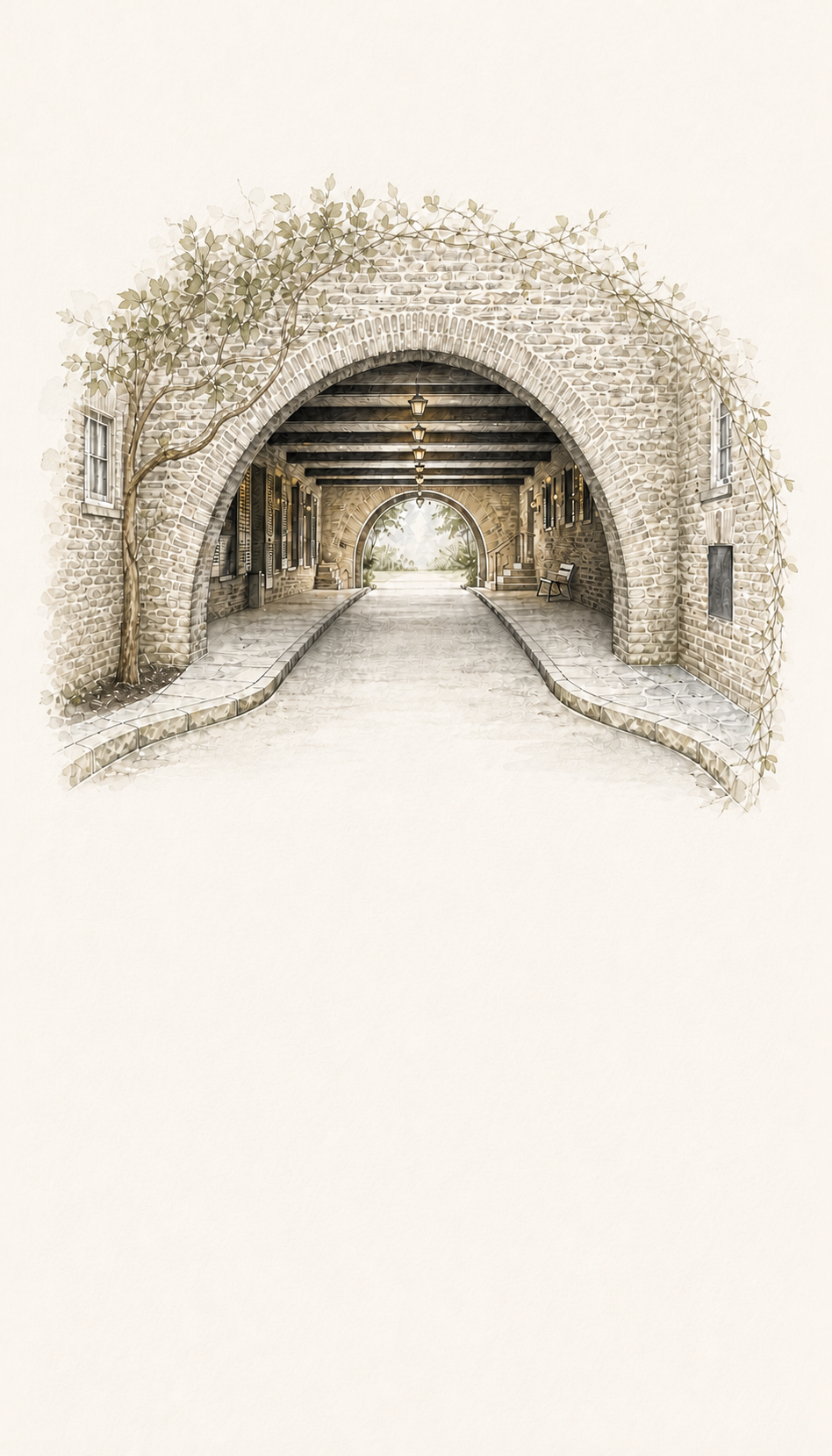 Watercolor illustration of the ivy-covered arched drive at Longue Vue Club